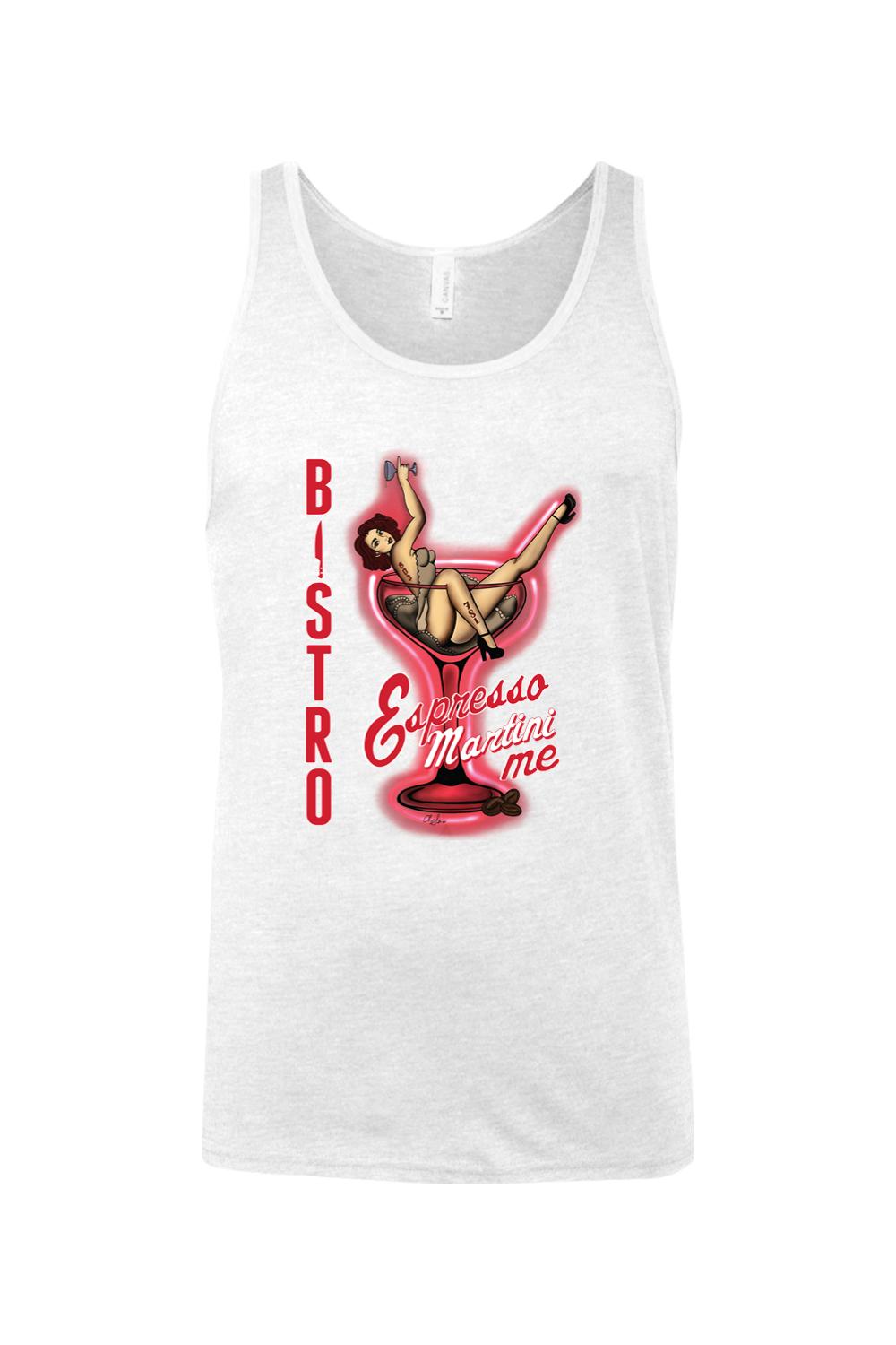 White cotton jersey tank top featuring a retro pin-up girl graphic inside a pink espresso martini glass.