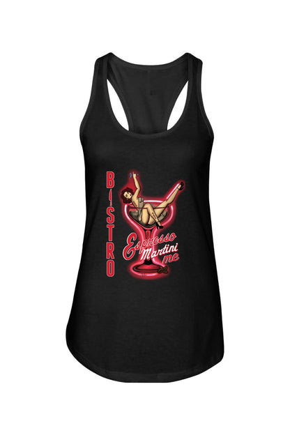 Black cotton-blend racerback tank top featuring a retro pin-up girl graphic inside a red martini glass design.