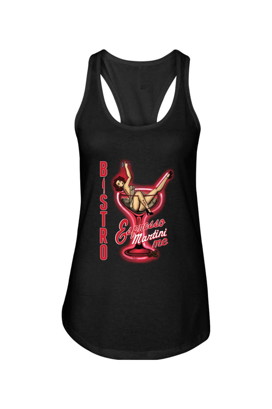 Black cotton-blend racerback tank top featuring a retro pin-up girl graphic inside a red martini glass design.