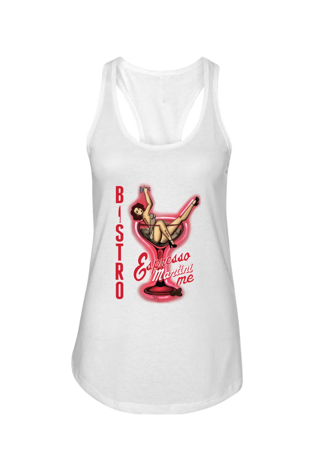 White cotton-blend racerback tank featuring a pin-up girl graphic inside a martini glass with Bistro Martini Me text.