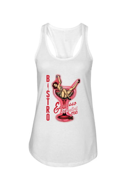 White cotton-blend racerback tank featuring a pin-up girl graphic inside a martini glass with Bistro Martini Me text.