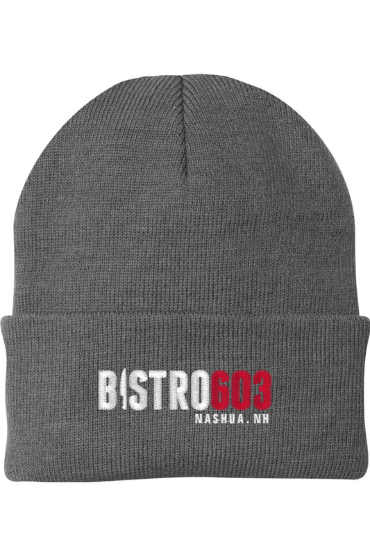 Charcoal gray 12-inch acrylic knit beanie with an adjustable cuff and embroidered Bistro603 Nashua, NH logo.