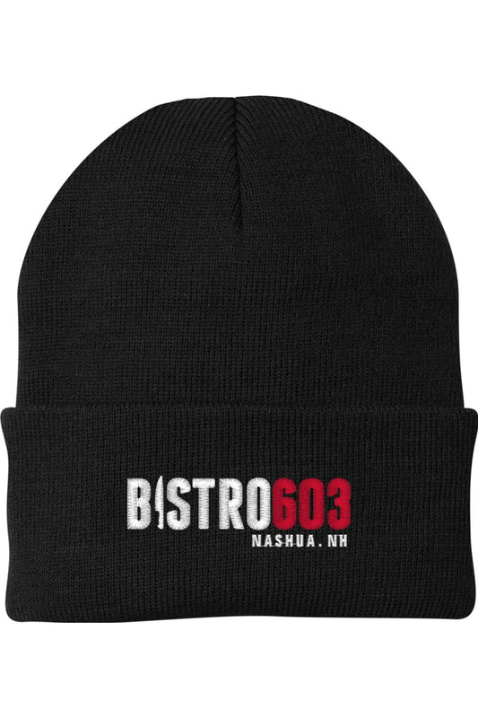 Black 12-inch acrylic knit beanie with adjustable cuff and embroidered Bistro603 Nashua, NH logo in white and red.