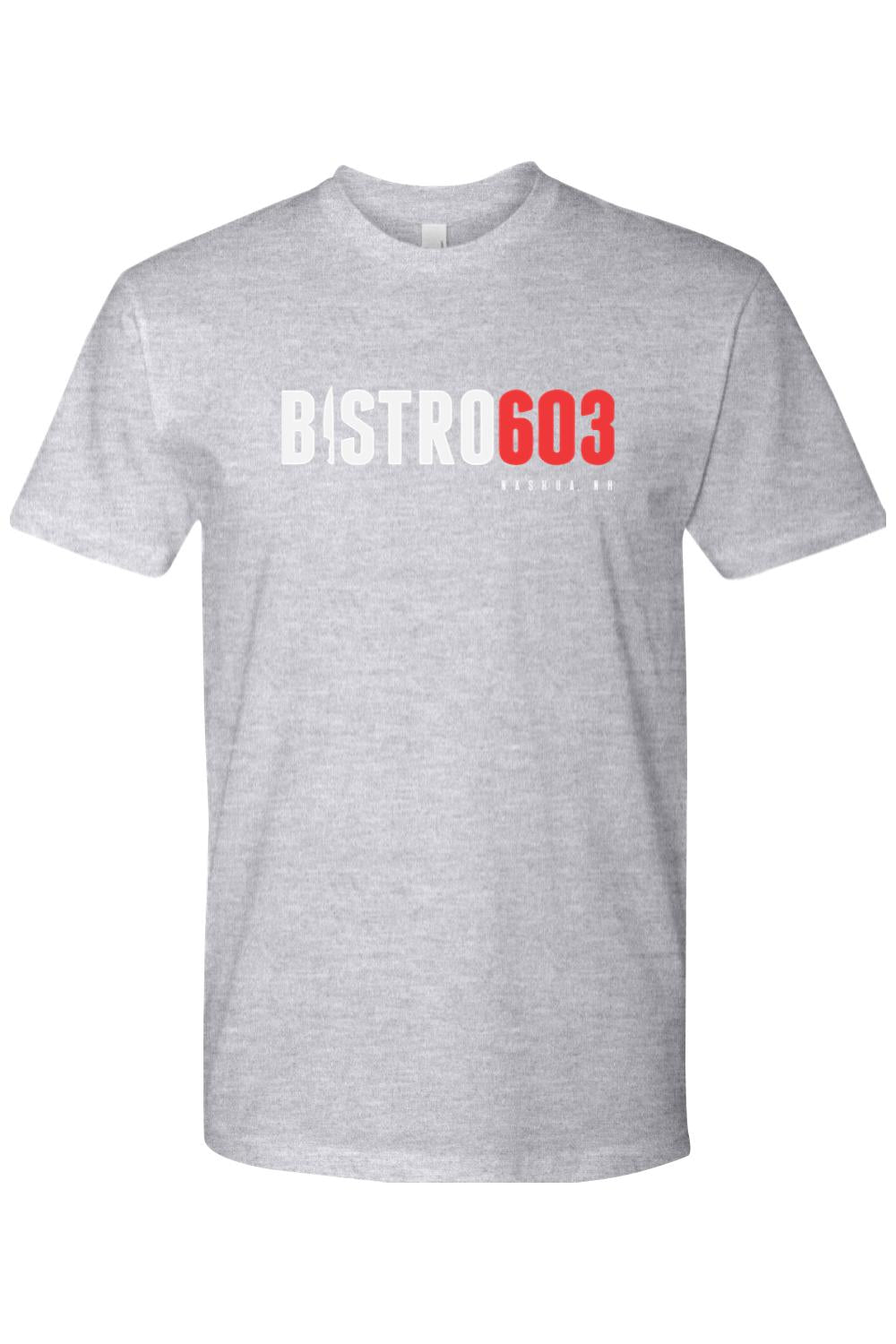 Grey heather cotton t-shirt featuring a white and red Bistro603 logo with Nashua, NH text on the chest.