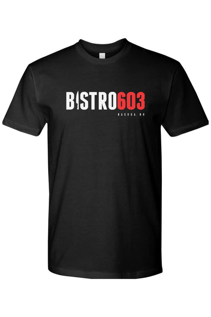 Black cotton crewneck t-shirt featuring a white and red Bistro603 logo with Nashua, NH text on the chest.