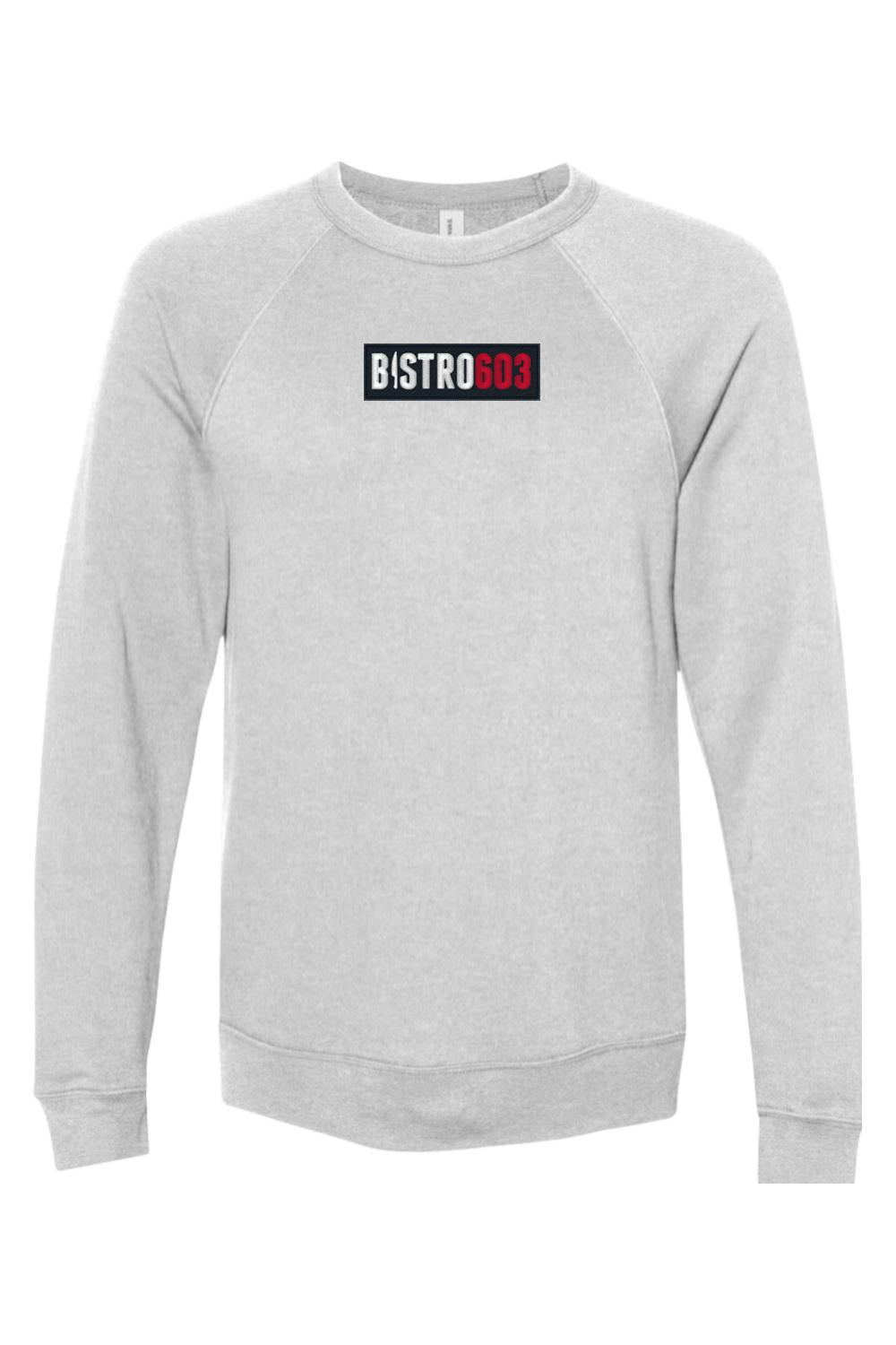 Light grey sponge fleece crewneck sweatshirt featuring a Bistro603 logo embroidered in a black and red rectangular box.