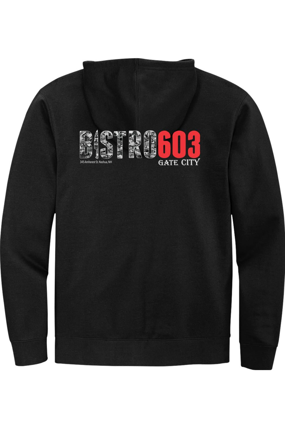 Black midweight full-zip hooded sweatshirt featuring a Bistro603 Gate City graphic on the back.