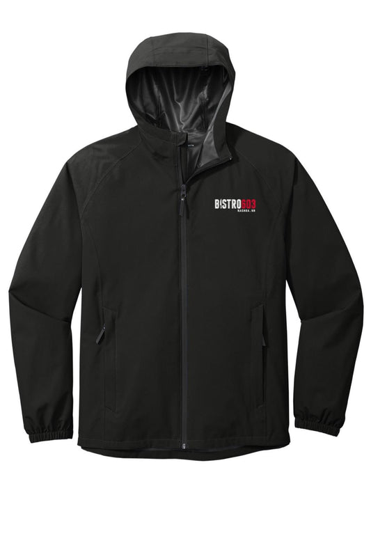 Black Bistro603 waterproof rain jacket with a hood, full-zip front, and seam-sealed breathable fabric.