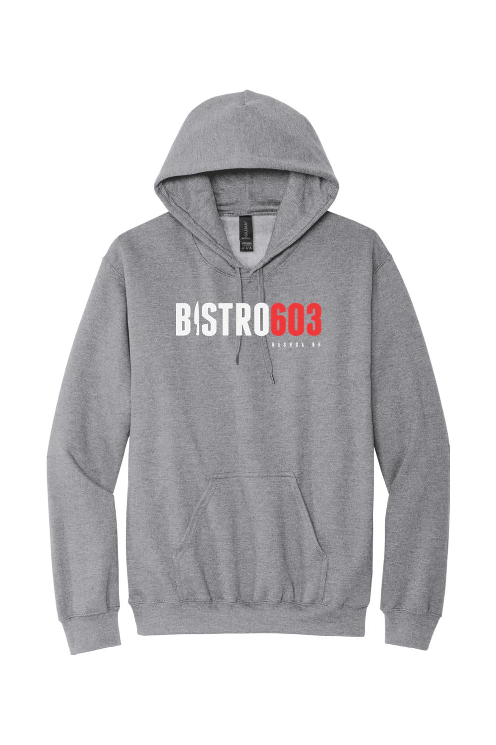 Sport grey Bistro603 hooded sweatshirt with a front kangaroo pocket and adjustable drawstring hood.