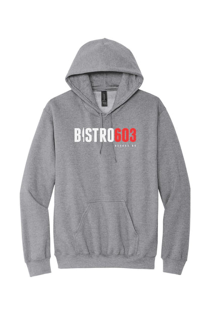 Sport grey Bistro603 hooded sweatshirt with a front kangaroo pocket and adjustable drawstring hood.