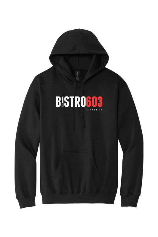Black Bistro603 hooded sweatshirt with a white and red logo on the chest and a front kangaroo pocket.