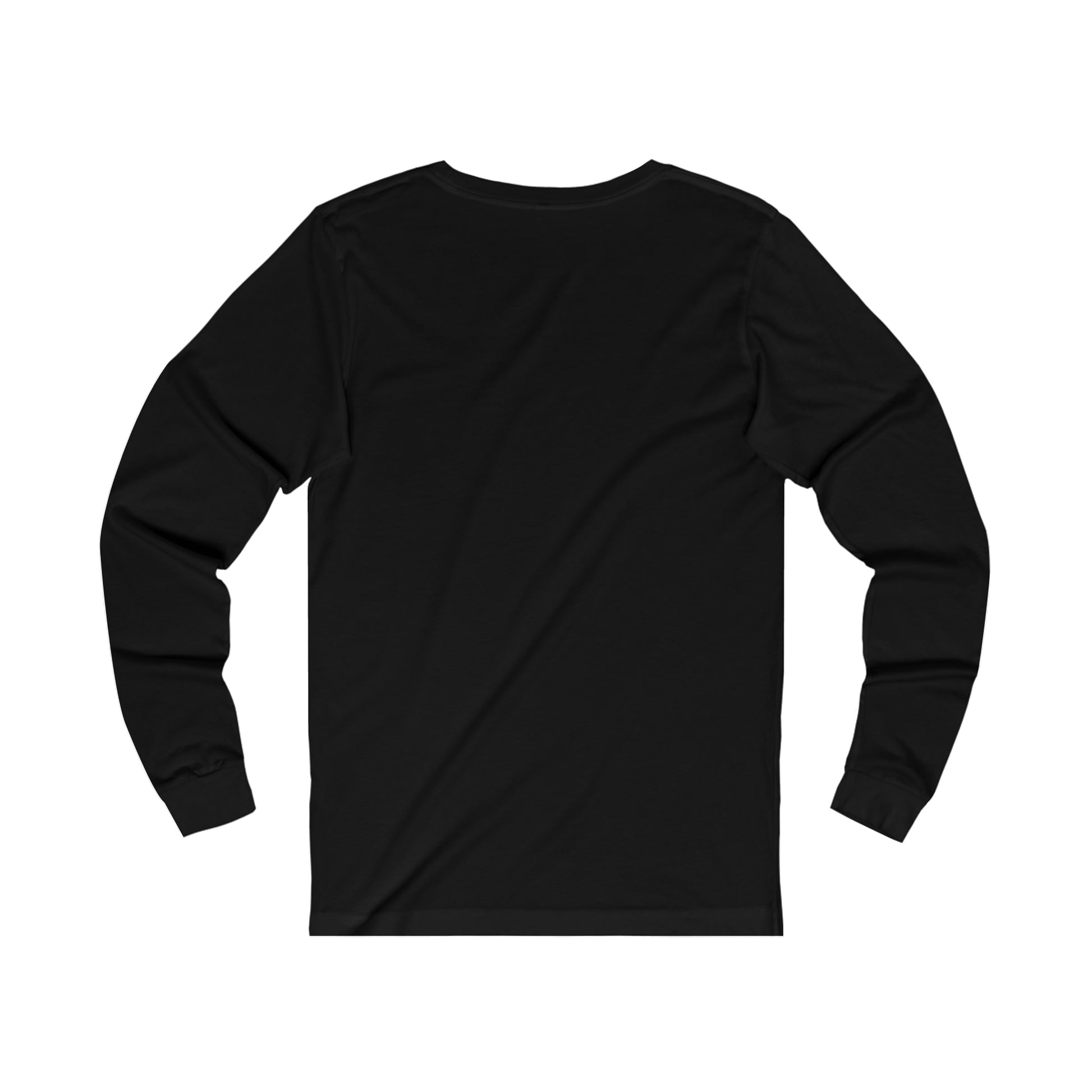Back view of a plain black long-sleeve jersey t-shirt with a retail fit and soft cotton fabric.