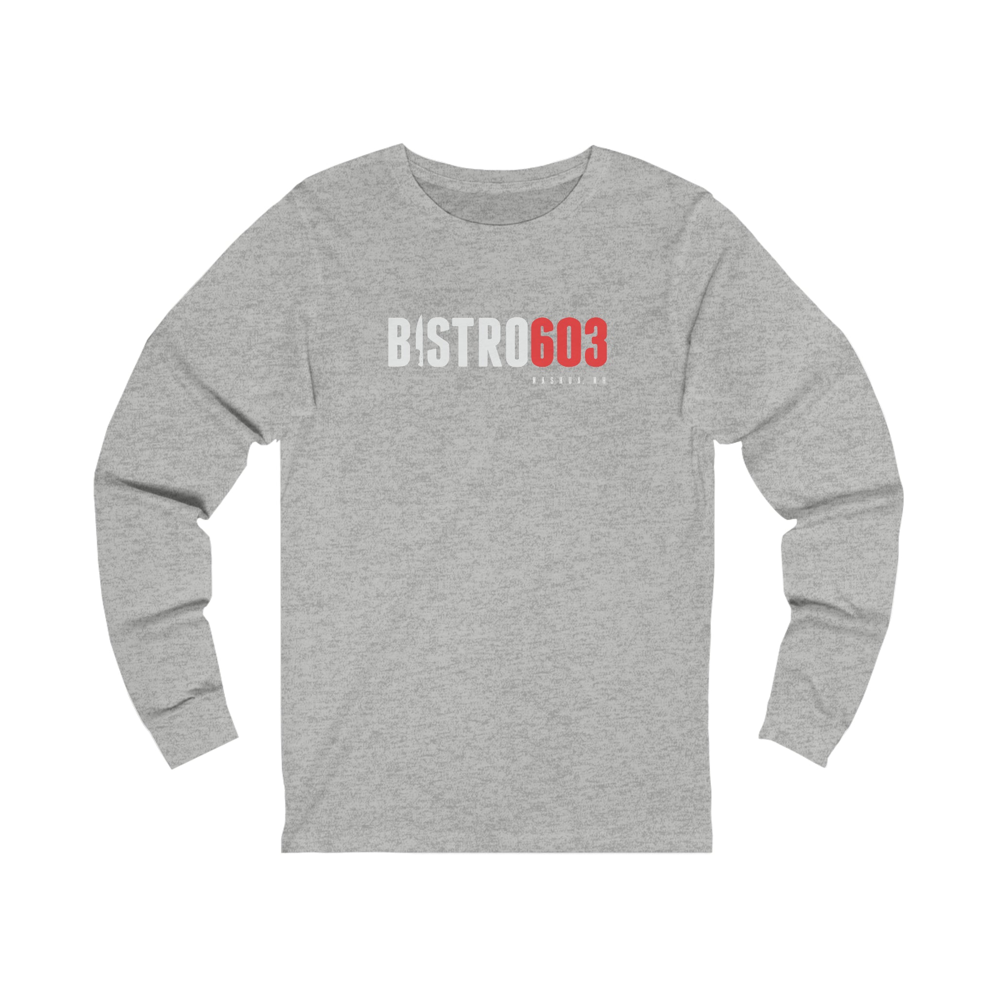 Grey heather long sleeve jersey tee with Bistro603 logo in white and red text on the chest.