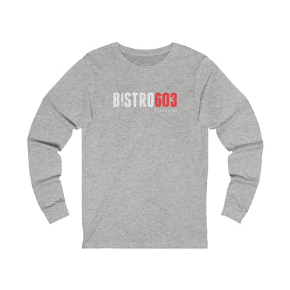 Grey heather long sleeve jersey tee with Bistro603 logo in white and red text on the chest.