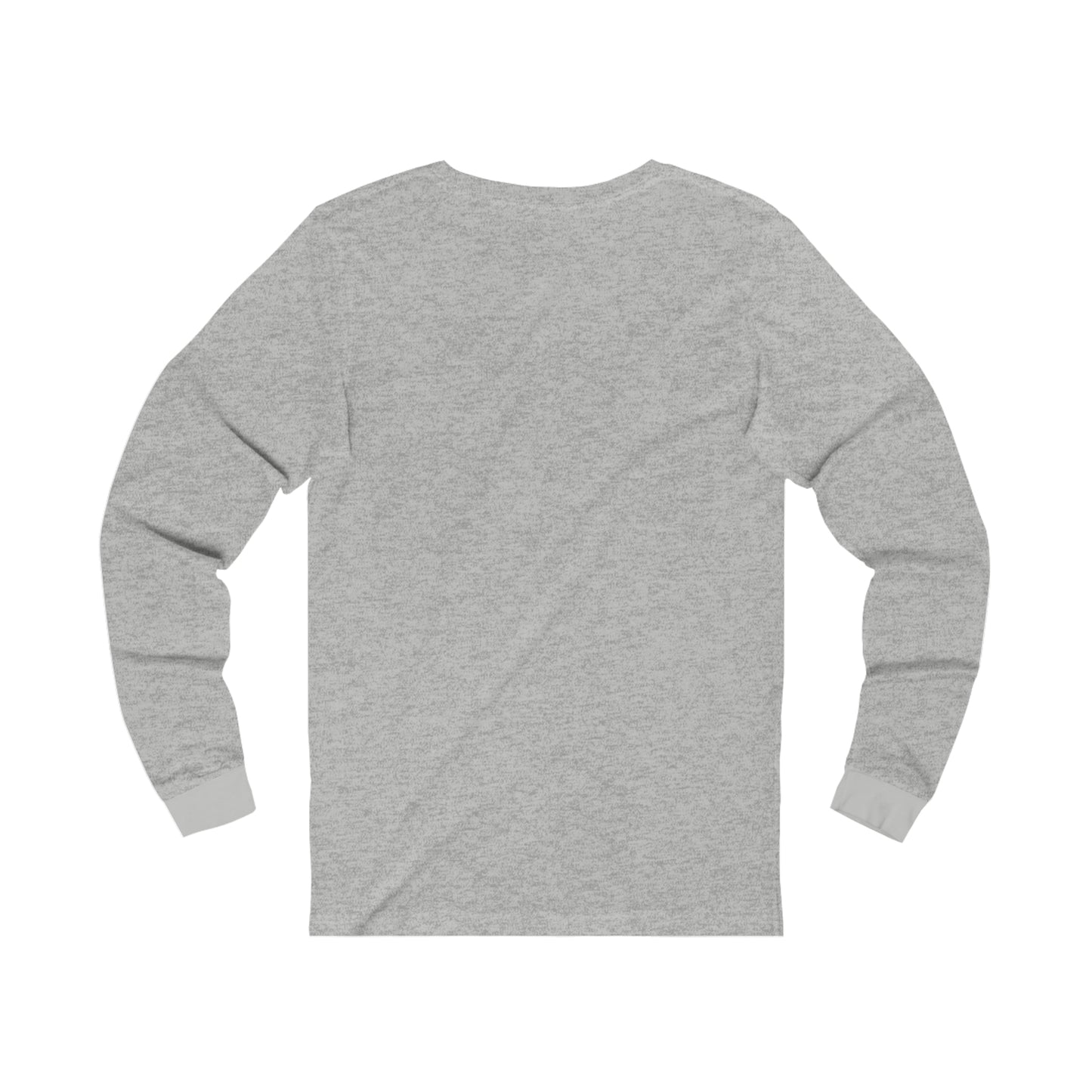 Back view of a heather gray long-sleeve jersey t-shirt with a classic retail fit and ribbed cuffs.