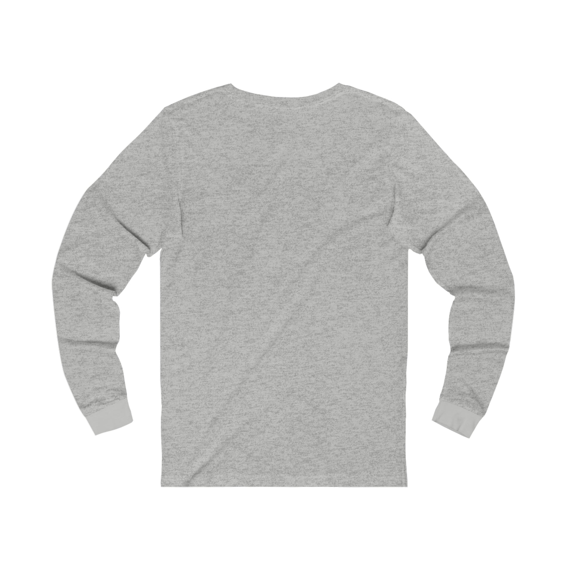 Back view of a heather gray long-sleeve jersey t-shirt with a classic retail fit and ribbed cuffs.