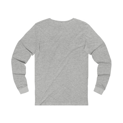 Back view of a heather gray long-sleeve jersey t-shirt with a classic retail fit and ribbed cuffs.
