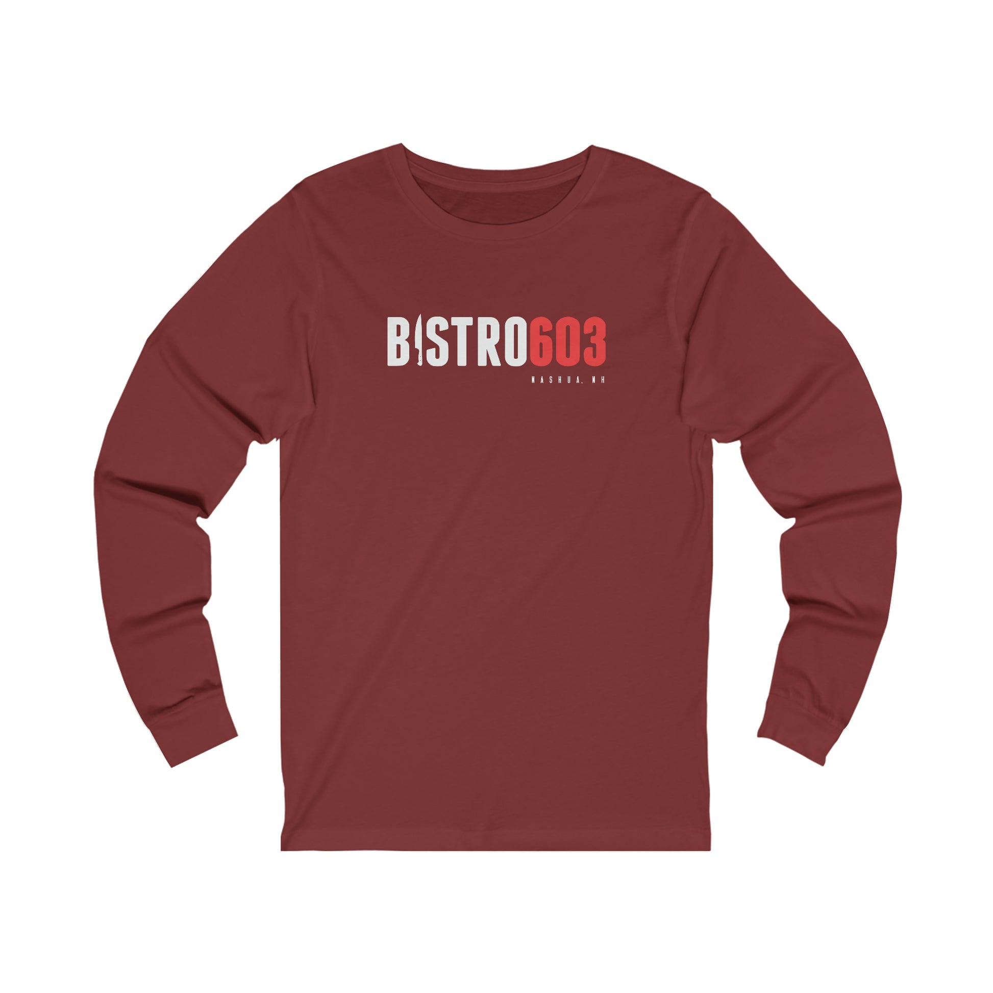 Maroon long-sleeve jersey tee featuring a white and red Bistro603 logo with a knife icon on the chest.