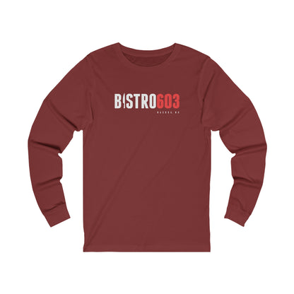 Maroon long-sleeve jersey tee featuring a white and red Bistro603 logo with a knife icon on the chest.
