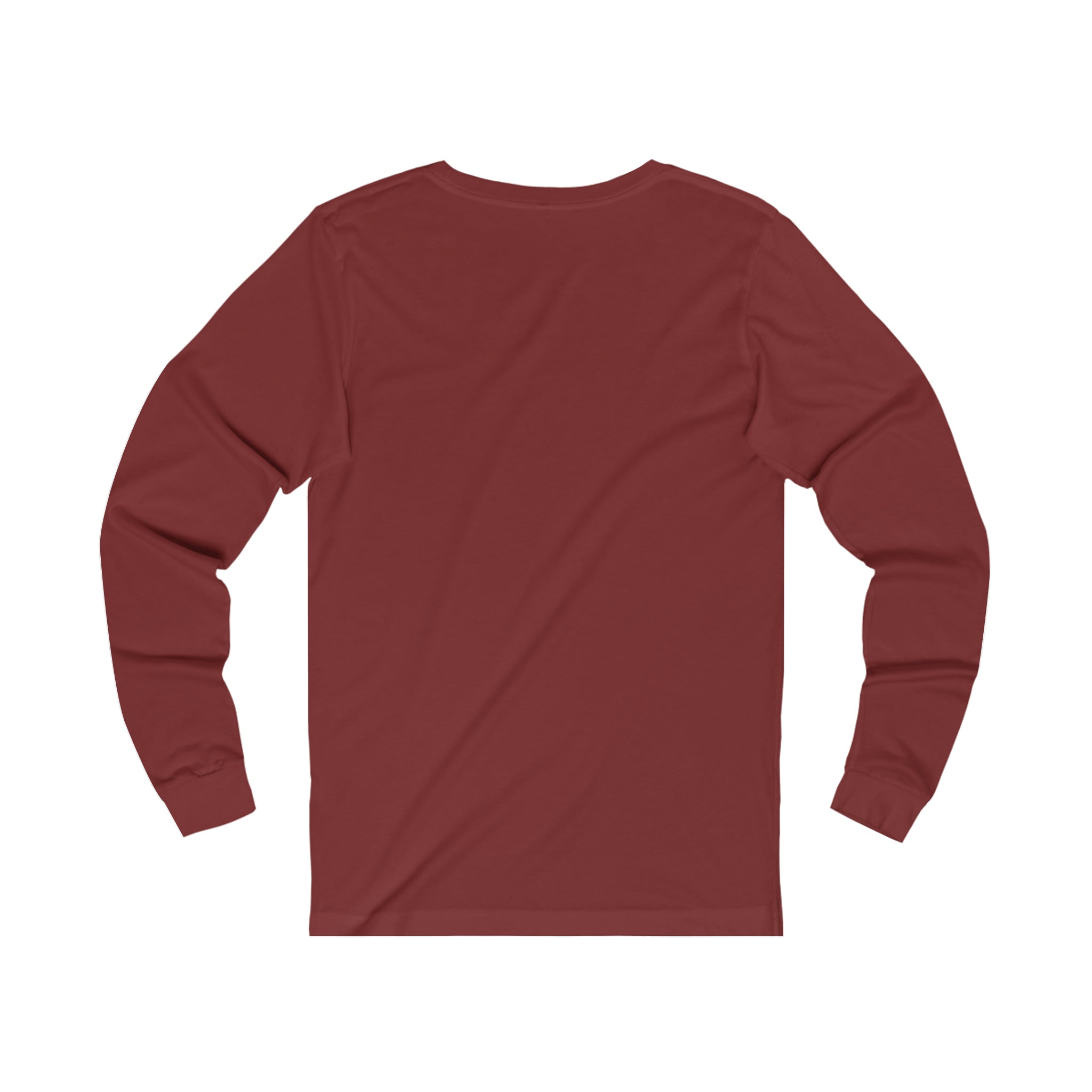 Back view of a maroon long-sleeve jersey tee made from soft, lightweight cotton with a classic retail fit.