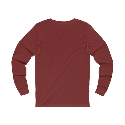 Back view of a maroon long-sleeve jersey tee made from soft, lightweight cotton with a classic retail fit.