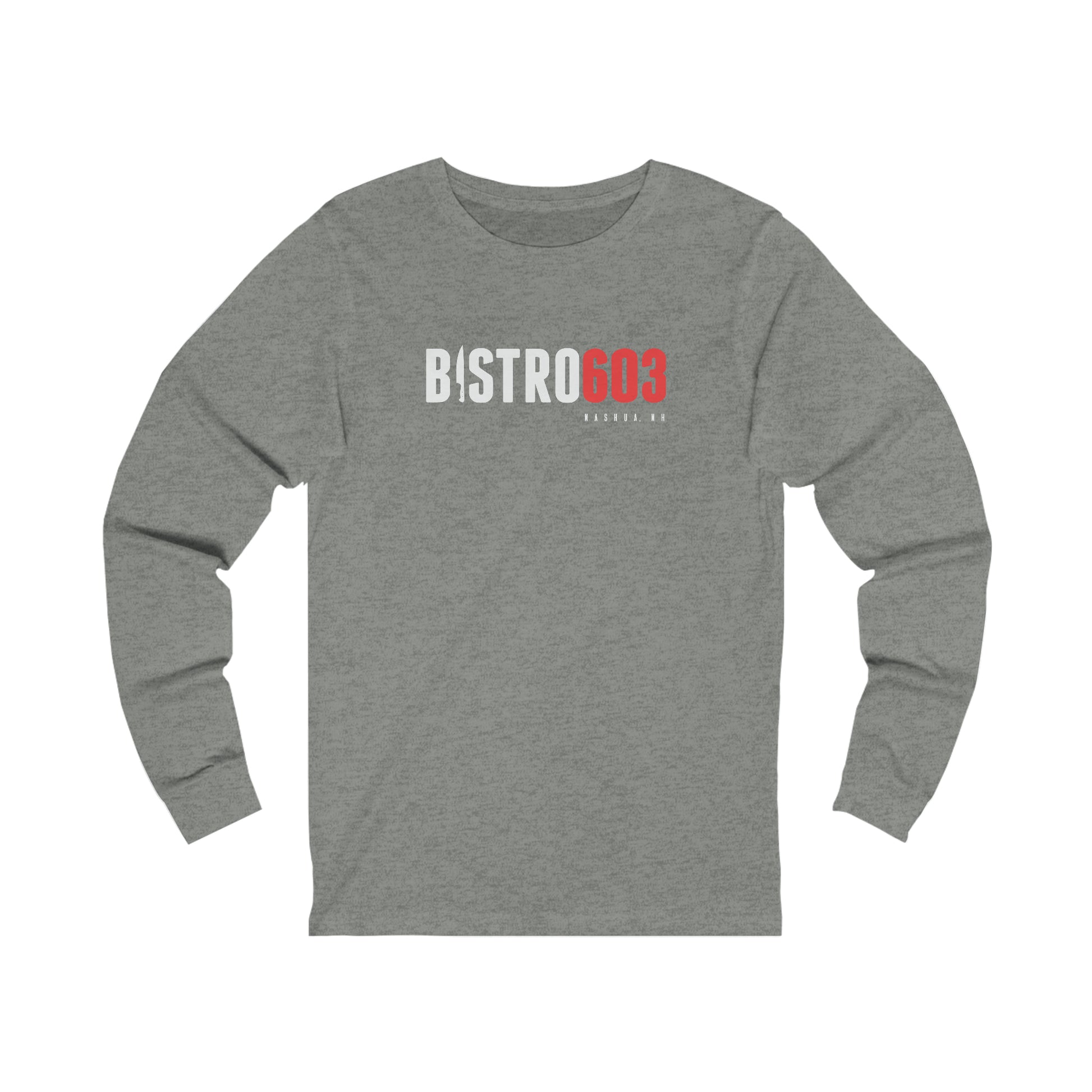 Grey heather long sleeve jersey tee with white and red Bistro603 Nashua NH logo on the chest.