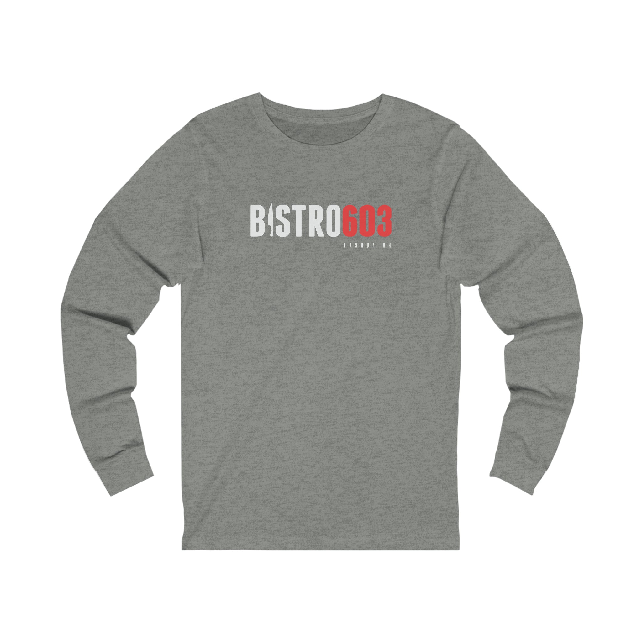 Grey heather long sleeve jersey tee with white and red Bistro603 Nashua NH logo on the chest.
