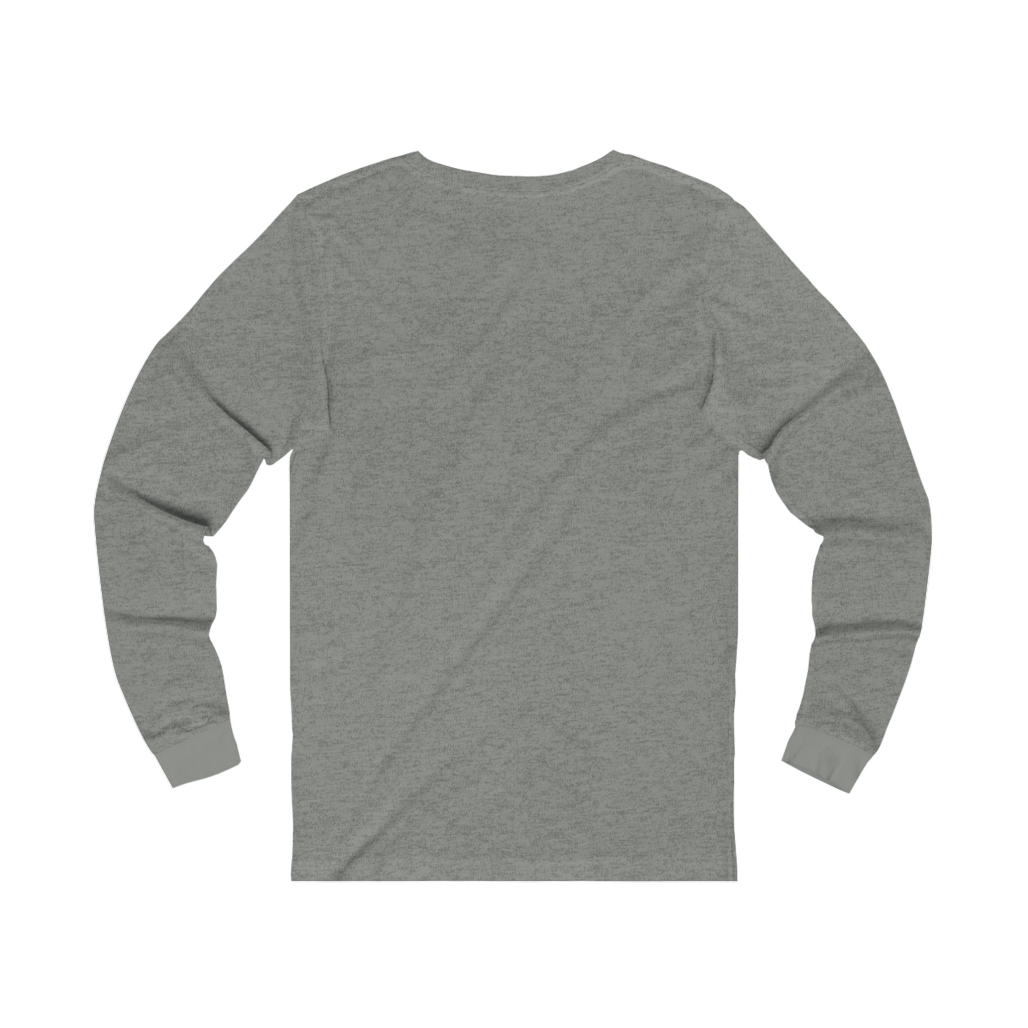 Back view of a heather gray long-sleeve jersey tee made from soft, lightweight cotton with ribbed cuffs.