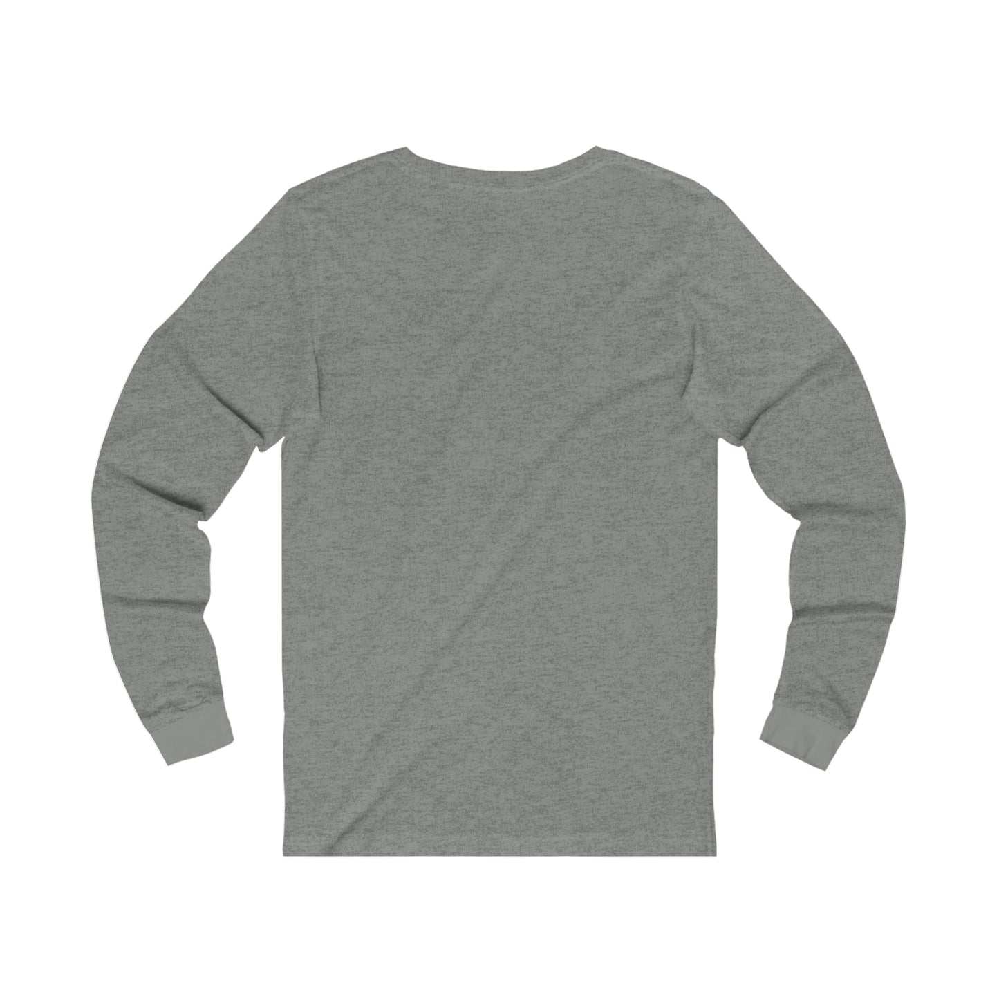 Back view of a heather gray long-sleeve jersey tee made from soft, lightweight cotton with ribbed cuffs.