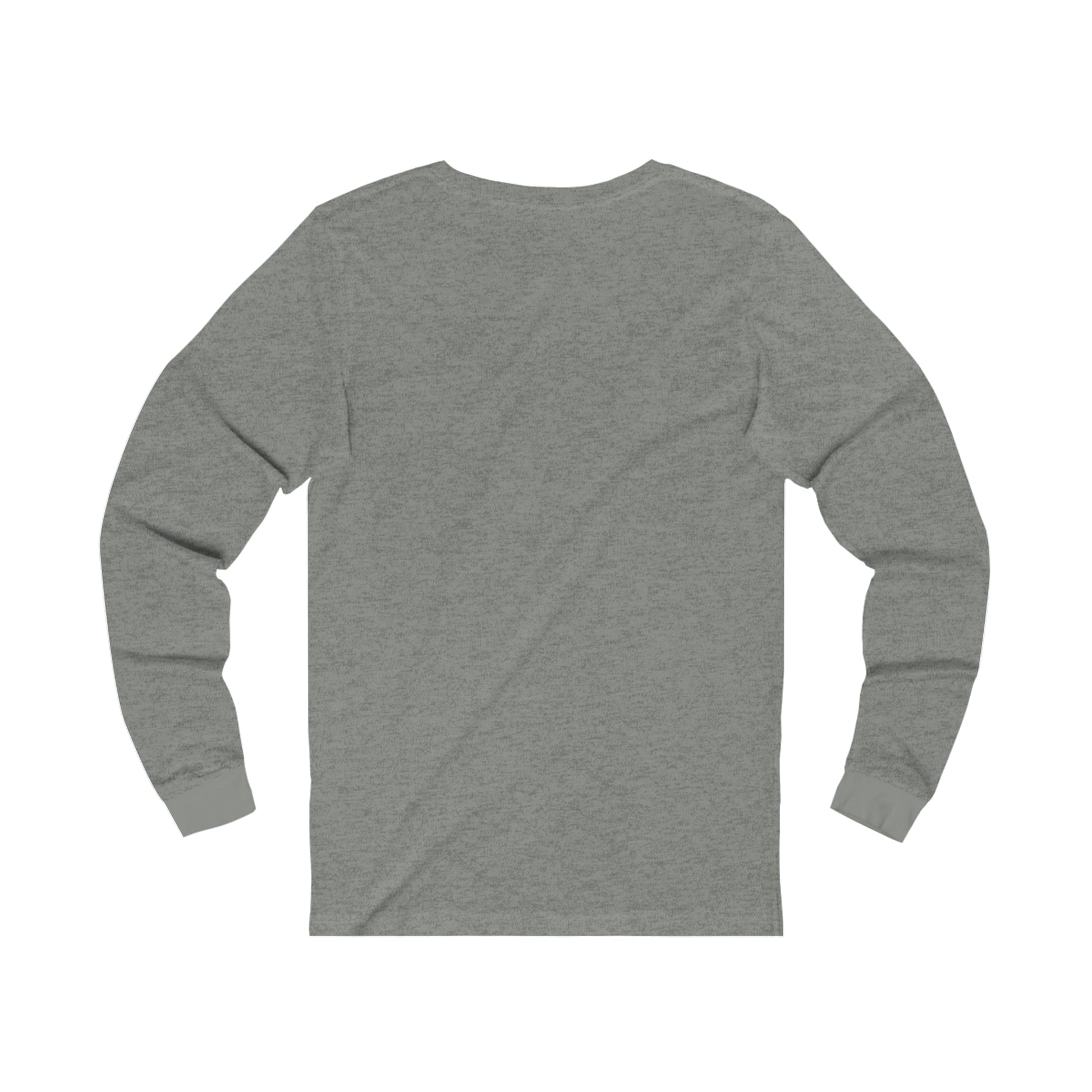 Back view of a heather gray long-sleeve jersey tee made from soft, lightweight cotton with ribbed cuffs.