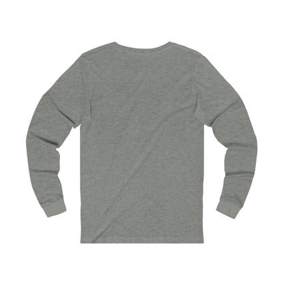 Back view of a heather gray long-sleeve jersey tee made from soft, lightweight cotton with ribbed cuffs.