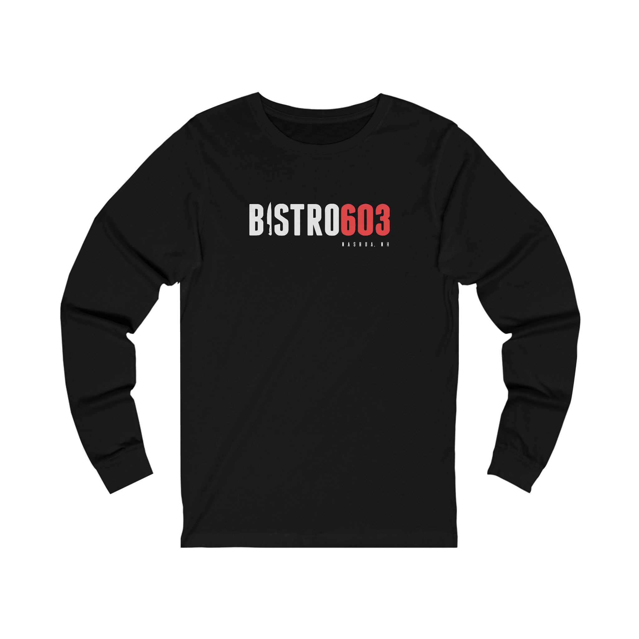 Black long sleeve jersey tee featuring a white and red Bistro603 logo with a knife graphic on the chest.