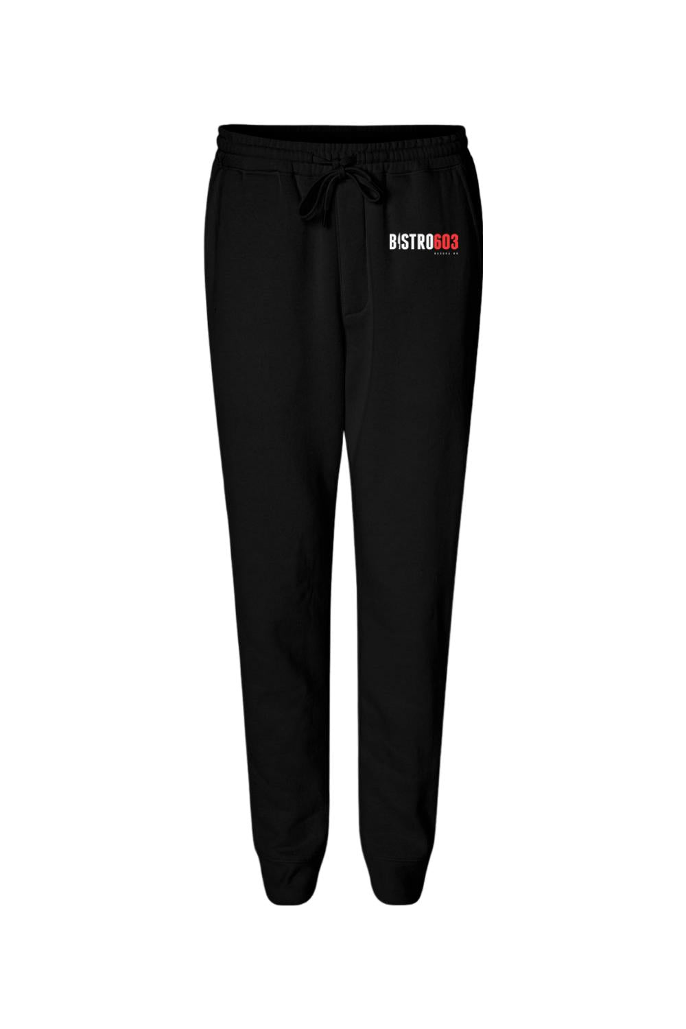 Black midweight cotton-blend joggers with a drawstring waist and Bistro603 logo on the hip.