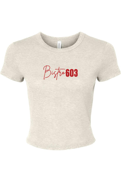 Oatmeal heather micro rib baby tee with red Bistro603 script logo, featuring a fitted silhouette and crew neck.