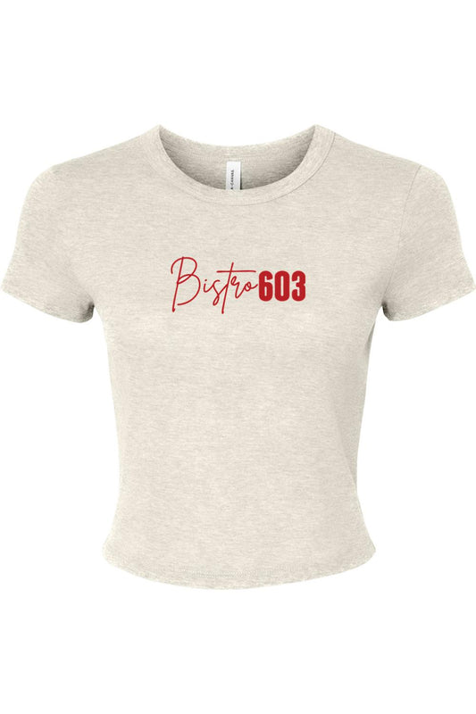 Oatmeal heather micro rib baby tee with red Bistro603 script logo, featuring a fitted silhouette and crew neck.