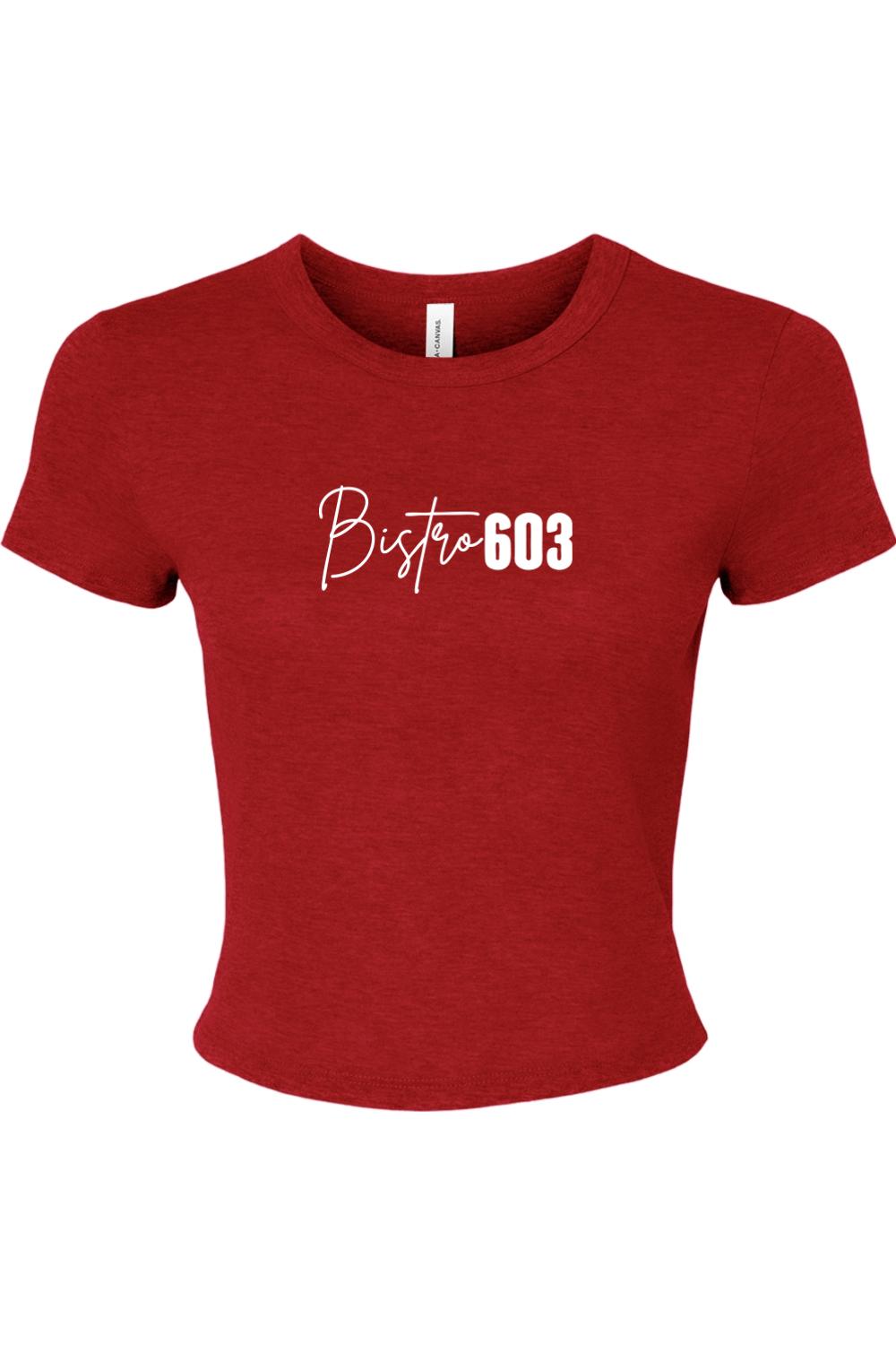 Red micro rib baby tee with white Bistro603 script logo, featuring a fitted silhouette and soft cotton-poly blend.