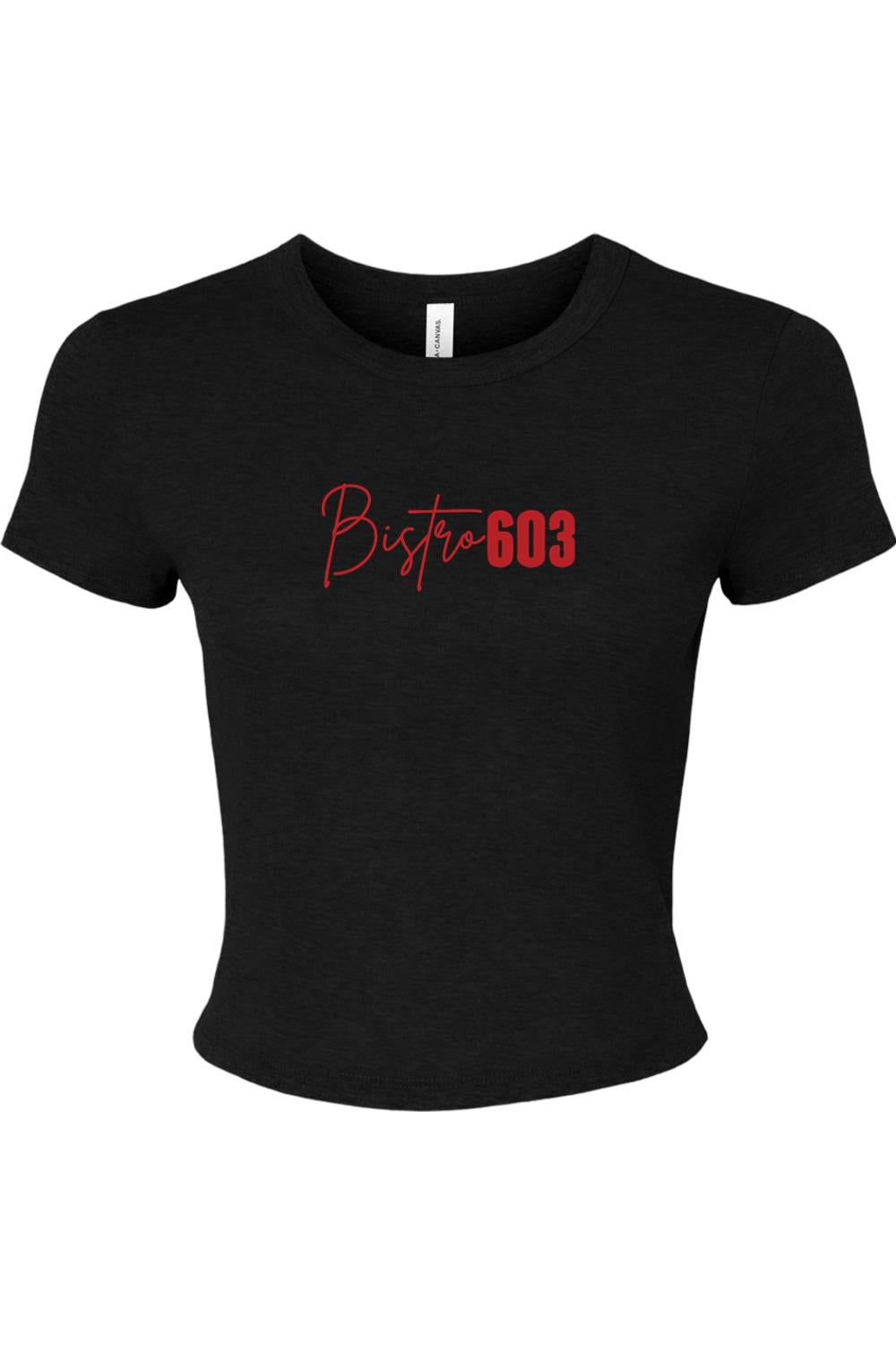 Black micro rib baby tee featuring a red Bistro603 script logo on the chest in a fitted, short-sleeve silhouette.