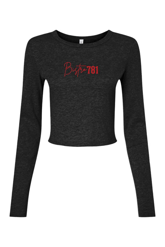 Charcoal grey micro rib long sleeve baby tee with red Bistro 781 script logo on the chest.