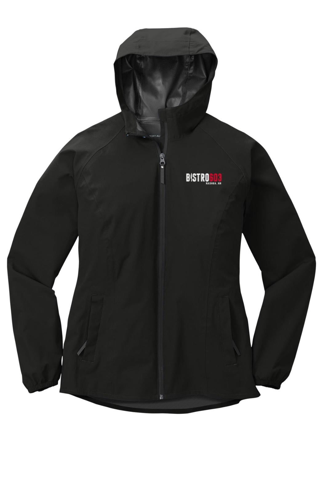 Black women's waterproof rain jacket with hood, front zipper, and Bistro603 logo on the chest.
