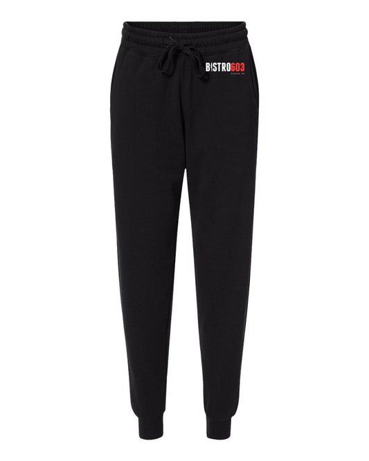 Black Bistro603 women's fleece sweatpants with an elastic drawstring waistband, side pockets, and ribbed ankle cuffs.