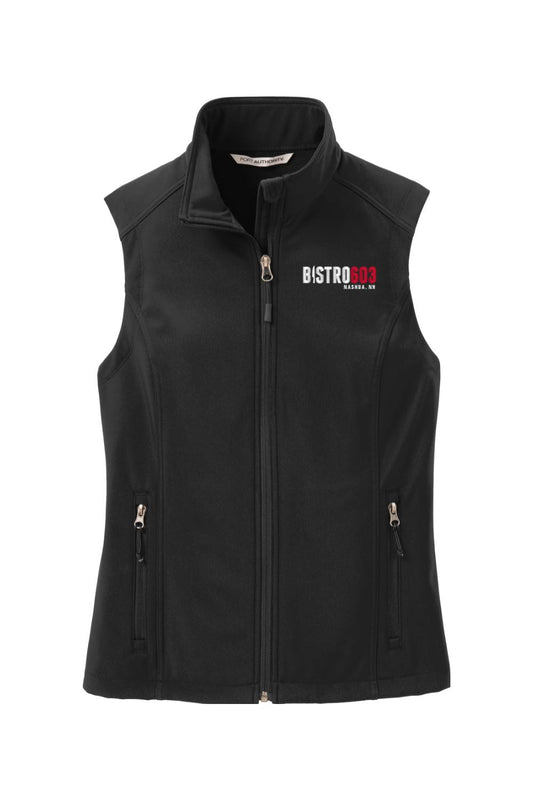 Black Bistro603 women's soft shell vest with a full-zip front, stand-up collar, and two zippered side pockets.