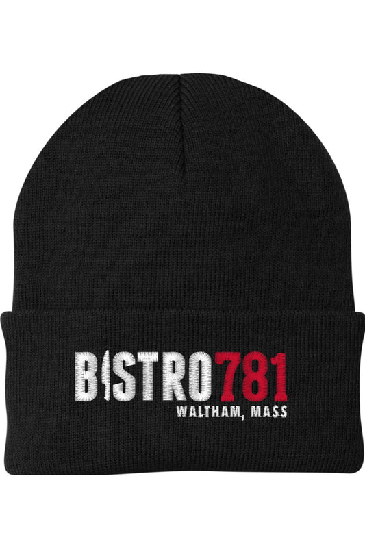 Black 12-inch acrylic knit beanie with an adjustable cuff and embroidered Bistro781 Waltham, Mass logo.