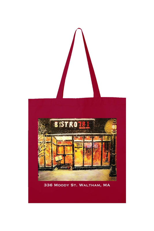 Deep red canvas tote bag featuring a snowy Bistro781 storefront painting and 336 Moody St. Waltham, MA text.