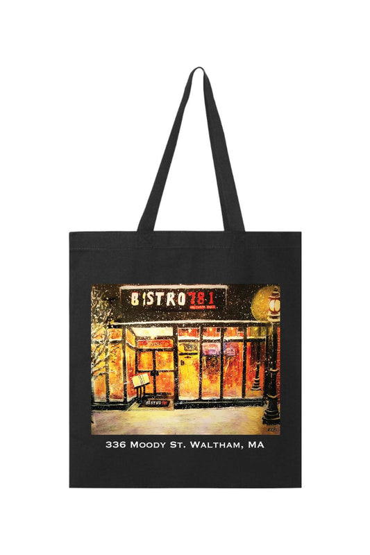 Black canvas tote bag featuring a snowy Bistro781 restaurant illustration and 336 Moody St. Waltham, MA text.