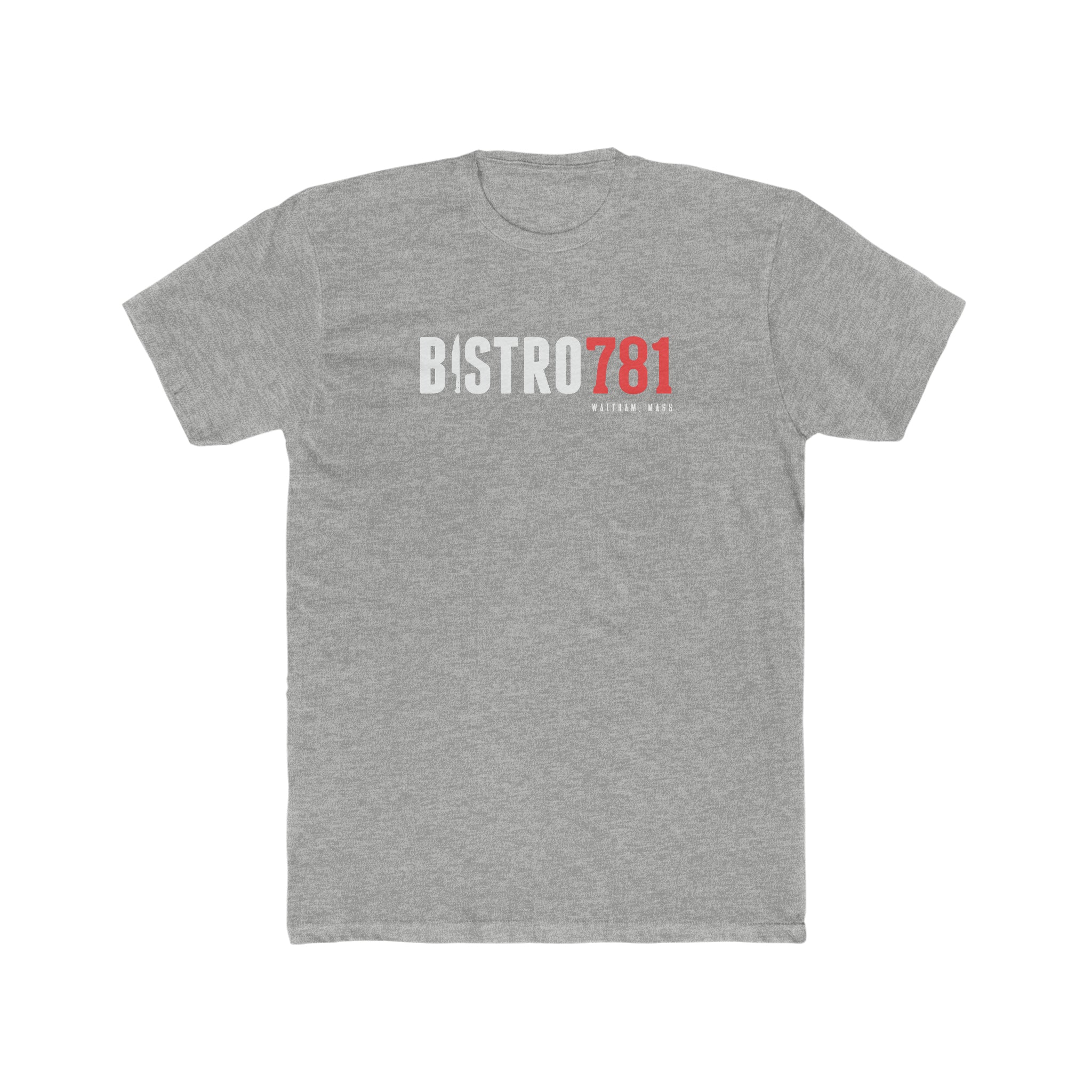 Grey Bistro781 premium cotton crewneck t-shirt with white and red logo graphic on the chest.