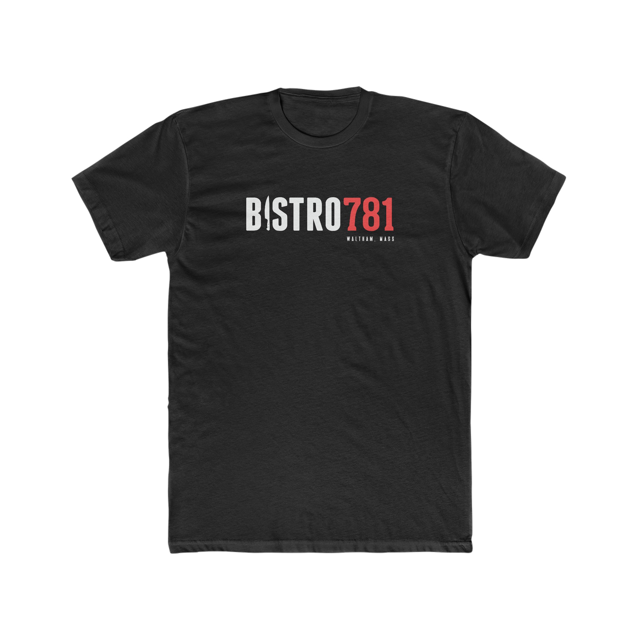 Black premium cotton crewneck t-shirt featuring a white and red Bistro781 Waltham, Mass logo graphic on the chest.