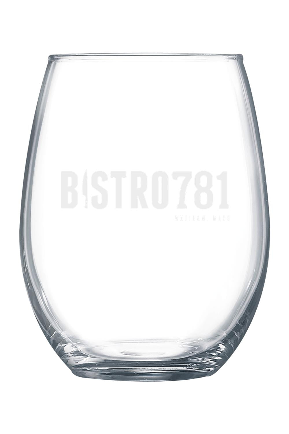 Clear 15 oz. stemless wine glass featuring elegant Bistro781 engraving on the front.
