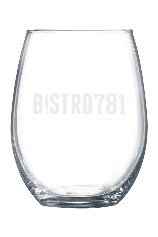 Clear 15 oz. stemless wine glass featuring elegant Bistro781 engraving on the front.