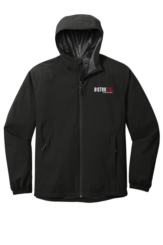 Black Bistro781 waterproof rain jacket with a hood, full-zip front, and seam-sealed breathable fabric.