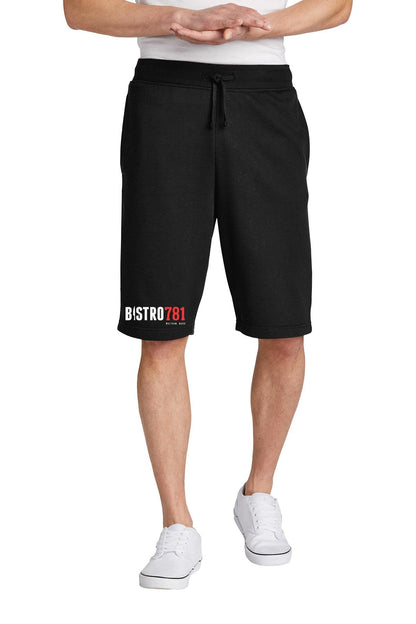 Black Bistro781 fleece shorts with a ribbed waistband, matching drawcord, and a white and red logo on the lower leg.